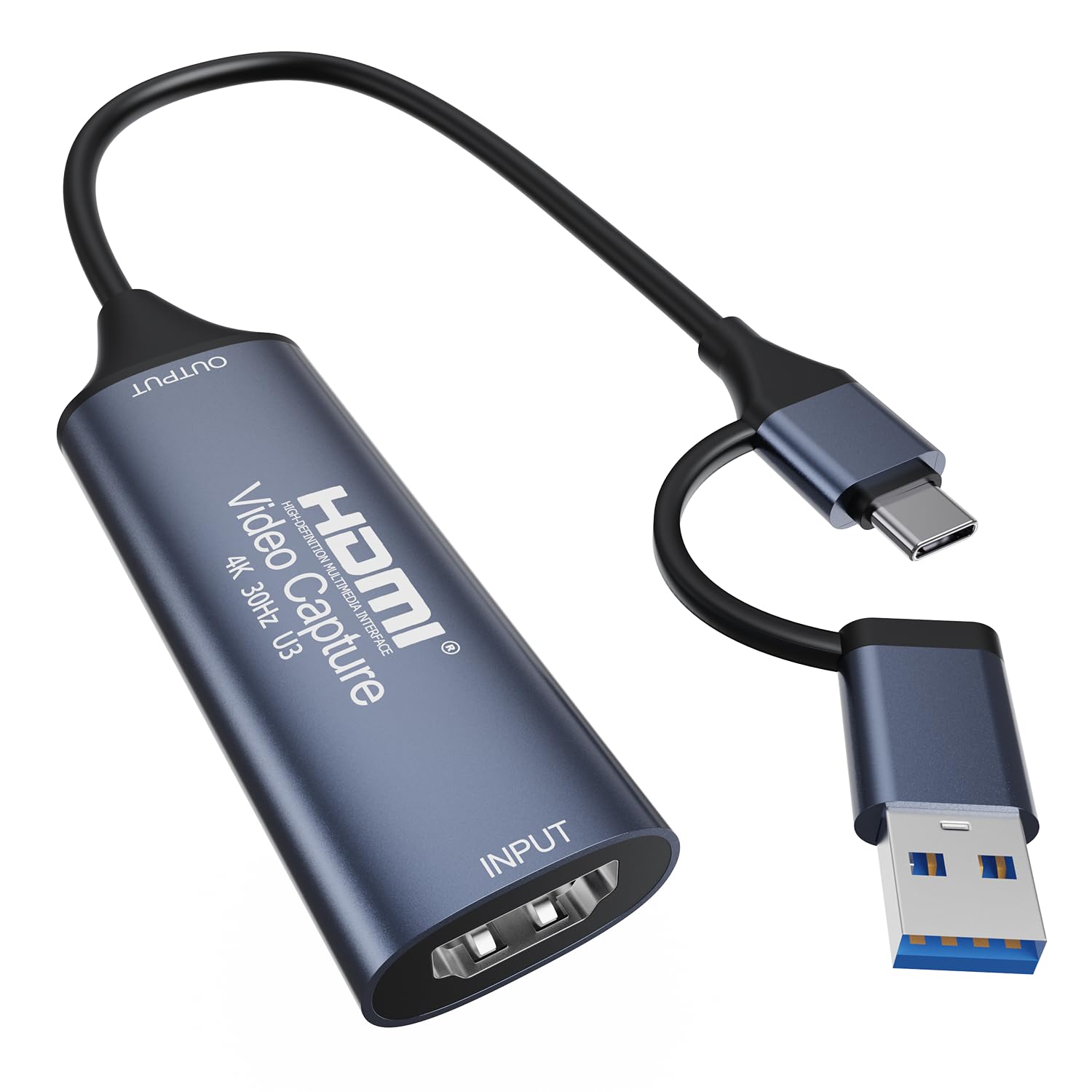 Tarjeta de captura de video HDMI, conectores duales USB-A y USB-C, entrada HDMI 4K a USB 3.0, captura de 1080P 60 FPS para grabación de transmisión de juegos, OBS/VLC, PS5 Switch Xbox Camera Windows