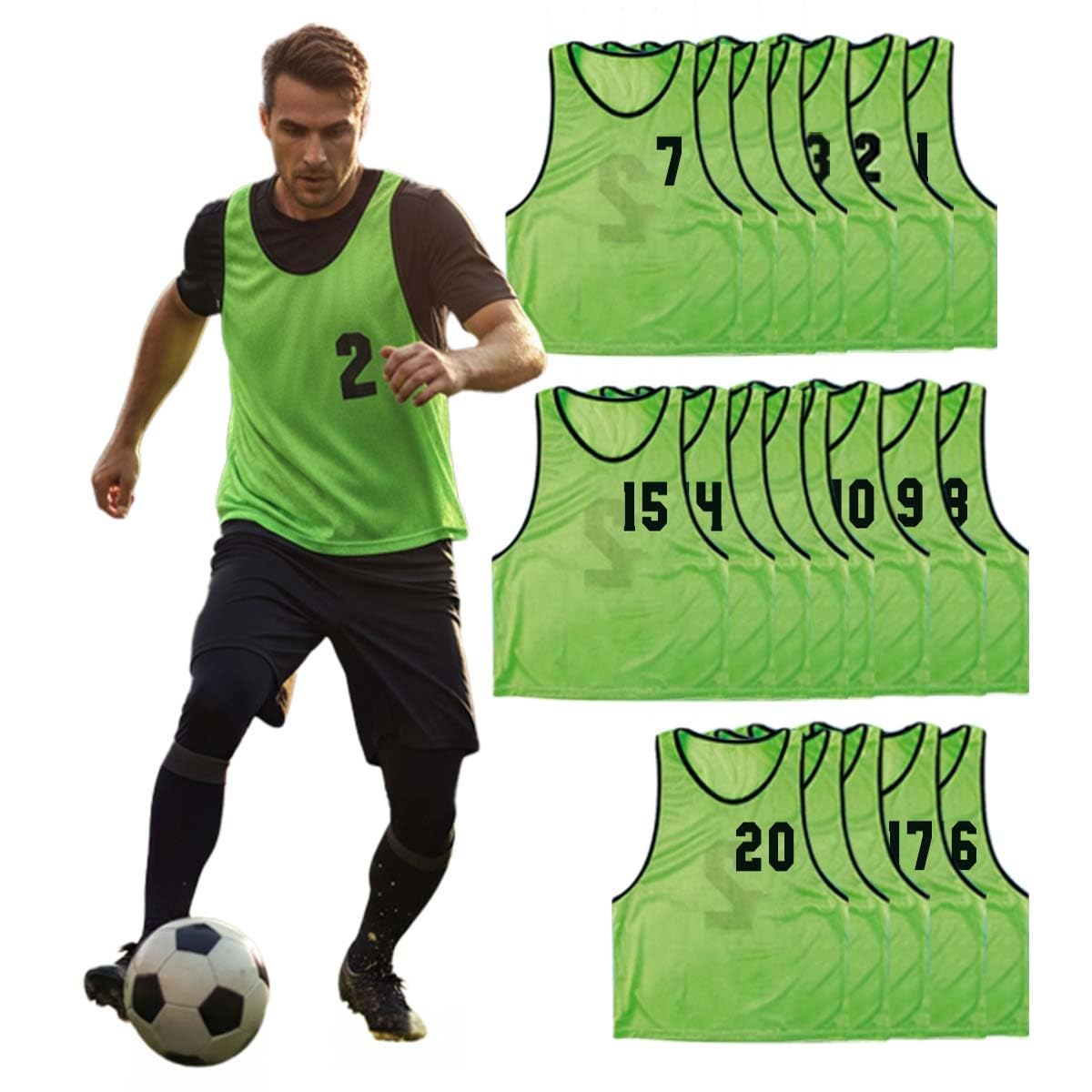 PEGANE Lot de 20 chasubles numérotées Recto-Verso de 1 à 20 de Taille Large, Gilet d'entrainement Couleur Vert