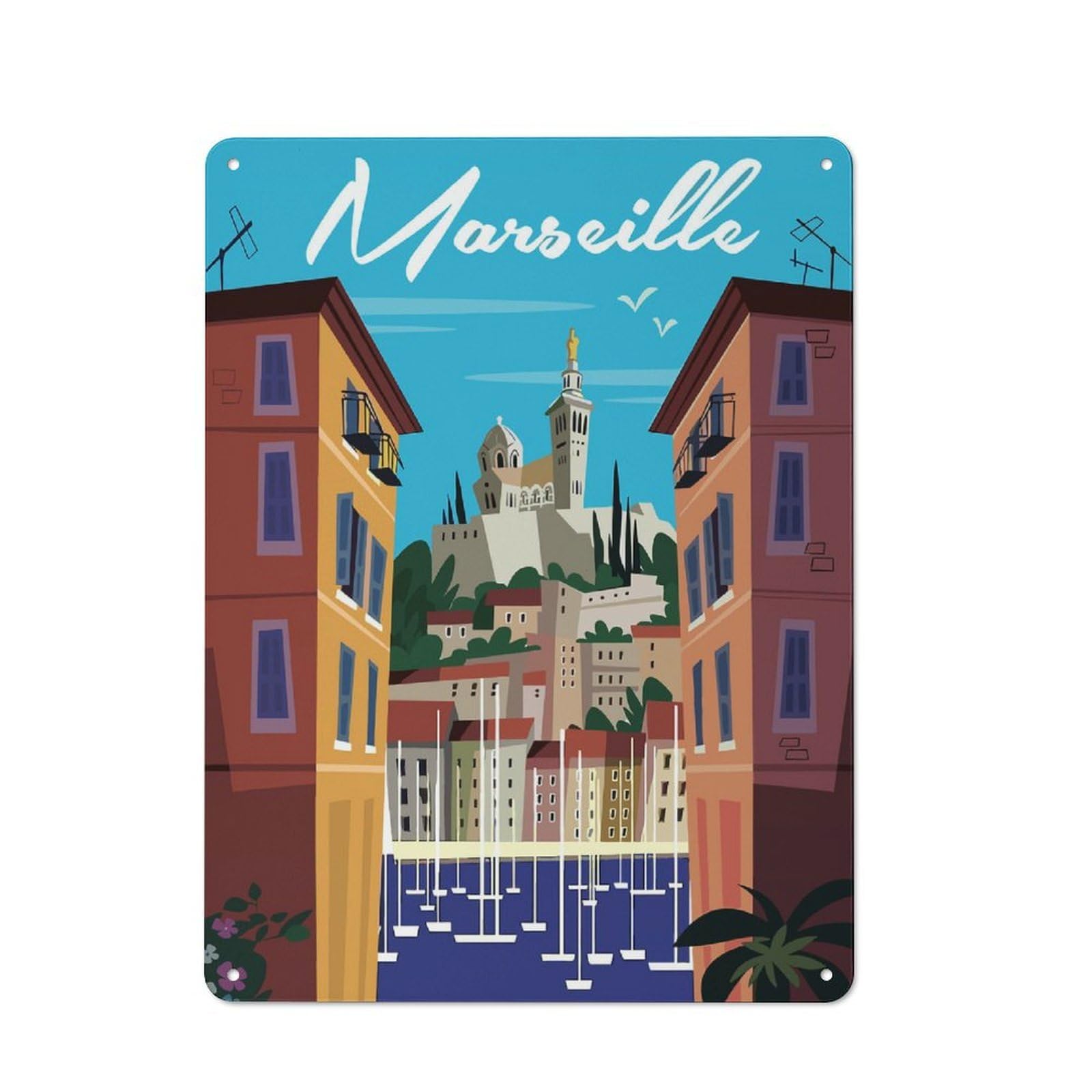 Rustic Marseille Travel Rustic Tin Sign 40x30cm, Porch Wall Decor for Greenhouse, Garden Room, Cafe Or Entryway
