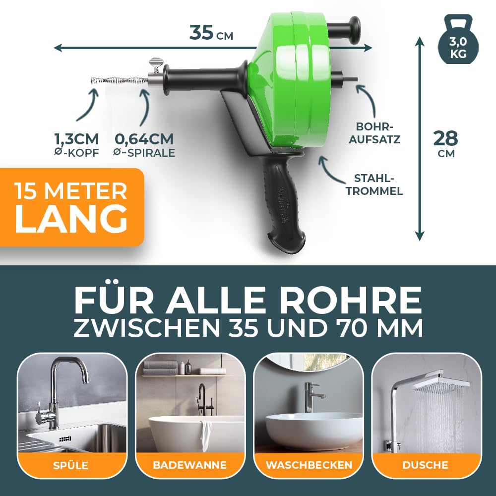 MEISTERFAKTUR Rohrreinigungsspirale [15M] - mit Bohraufsatz - Ideale Abflussspirale für eine umweltfreundliche Rohrreinigung - Die stabile Rohrspirale für echte Heimwerker! (15M - 0,64CM)