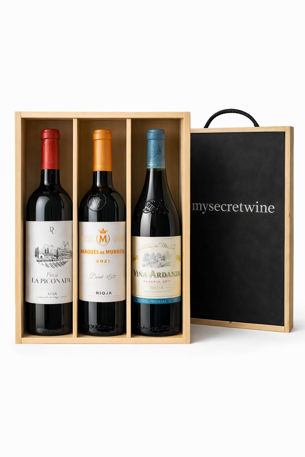 Pack Premium Rioja – 3 Botellas Selección Reserva y Crianza con Caja de Madera | Marqués de Murrieta, Viña Ardanza y Finca La Piconada -Pack Mysecretwine-