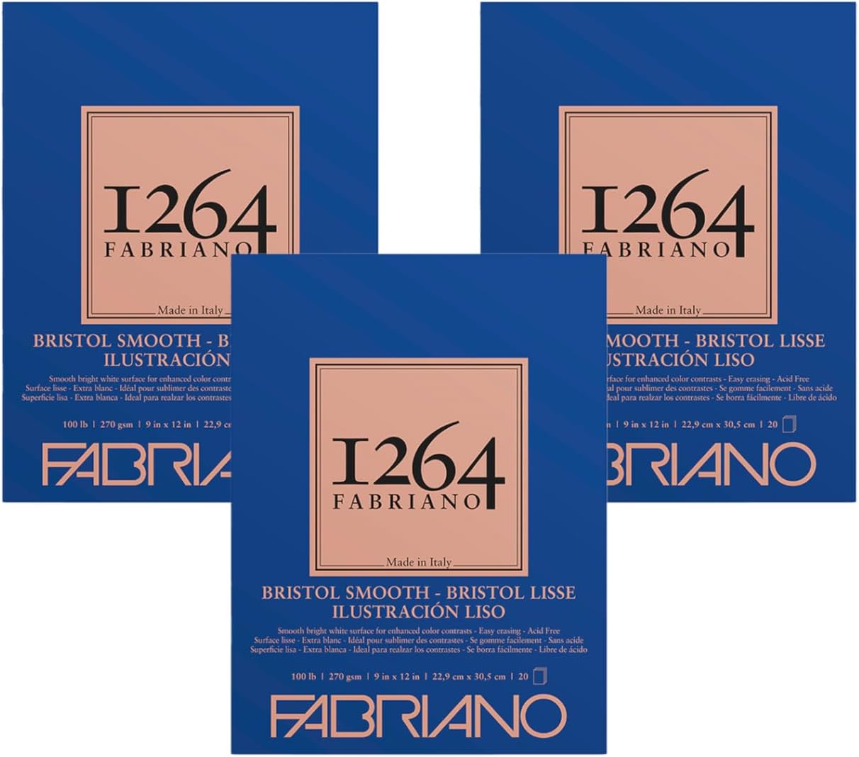 Fabriano 1264 Bristol Smooth Pad, 9" x 12", Glue Bound, 100 lb., 3-Pack