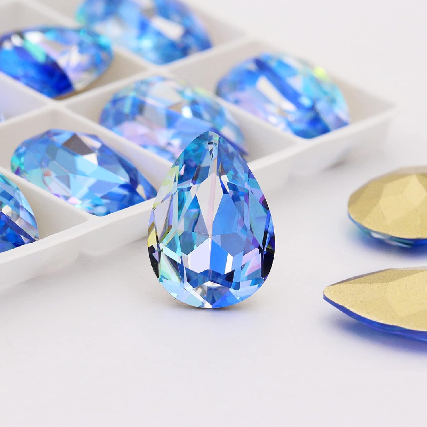 Cyrkonie, Kryształki Kryształ Niebieski Laser Strass Hotfix Kamień Szkło do Ubrań Kamienie Dekoracja Odzież Aplikacja(10X14mm 5pcs)
