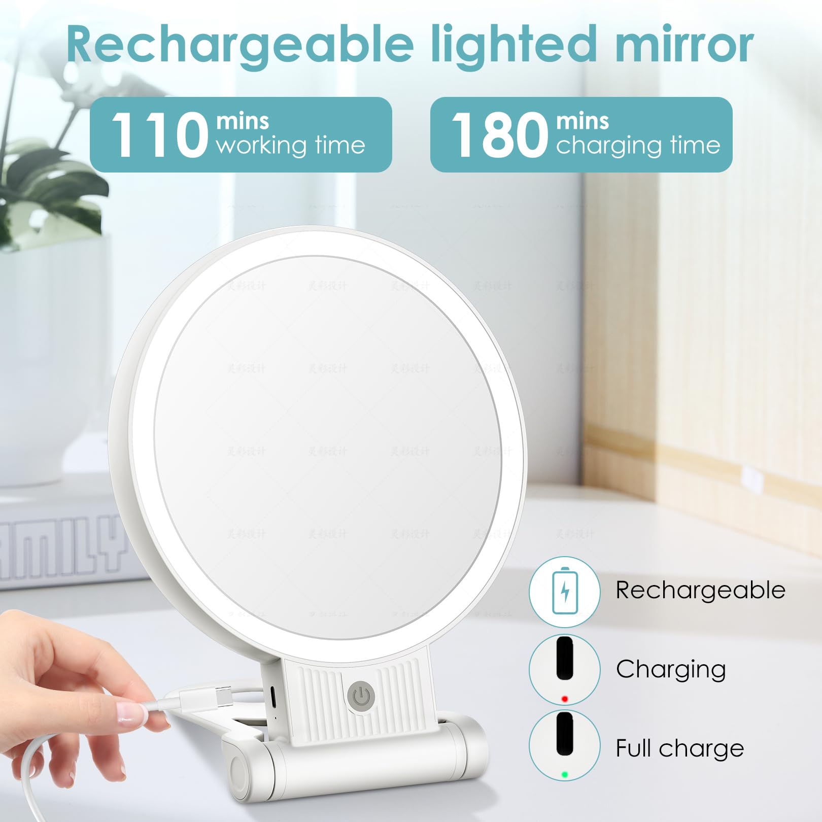 Beleuchteter Make-up Spiegel 22,9 Cm – Wiederaufladbar, 10x Vergrößerung, 3 Lichtfarben