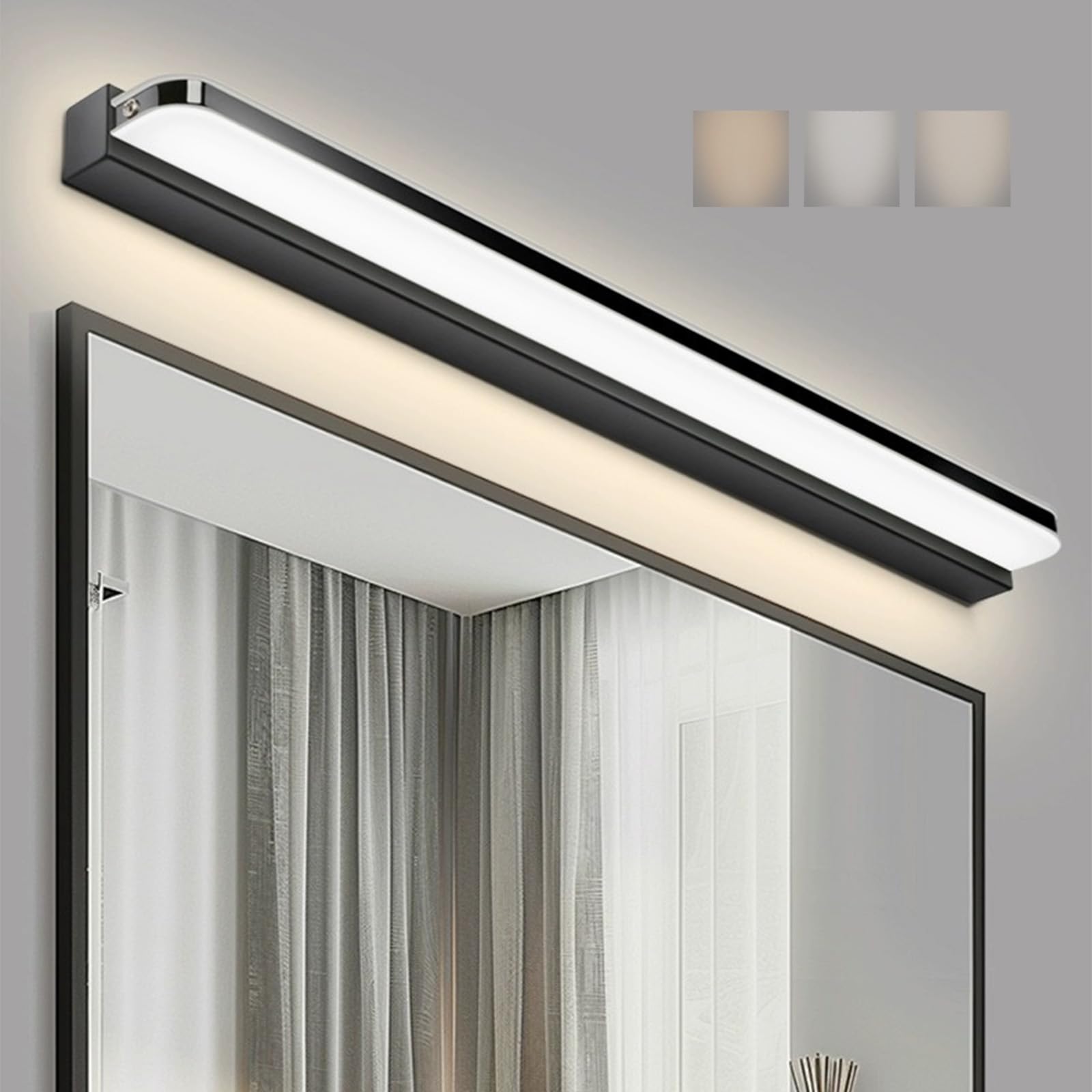 LED Spiegelleuchte Bad Wandleuchte Edelstahl Wasserdicht Wandleuchten Drei Farbtemperaturen Dimmbar Modern Wandbeleuchtung für Wohnzimmer Schminktisch Badezimmer (Schwarz,62cm)