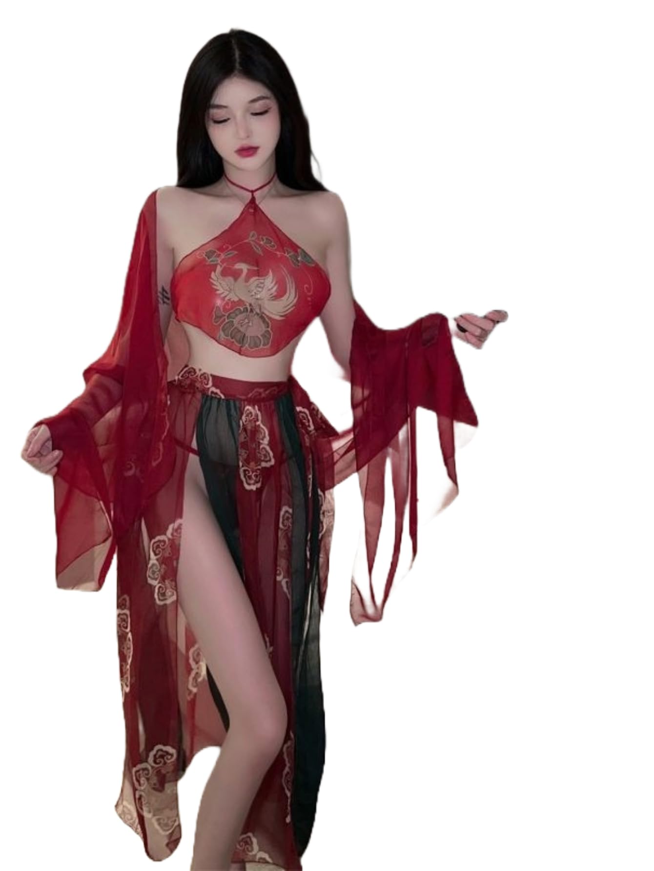 Phoenix Print Belly Band Lingerie Set with Skirt for Women Honeymoon, Wedding, Festival, Christmas, Valentine-image-37
