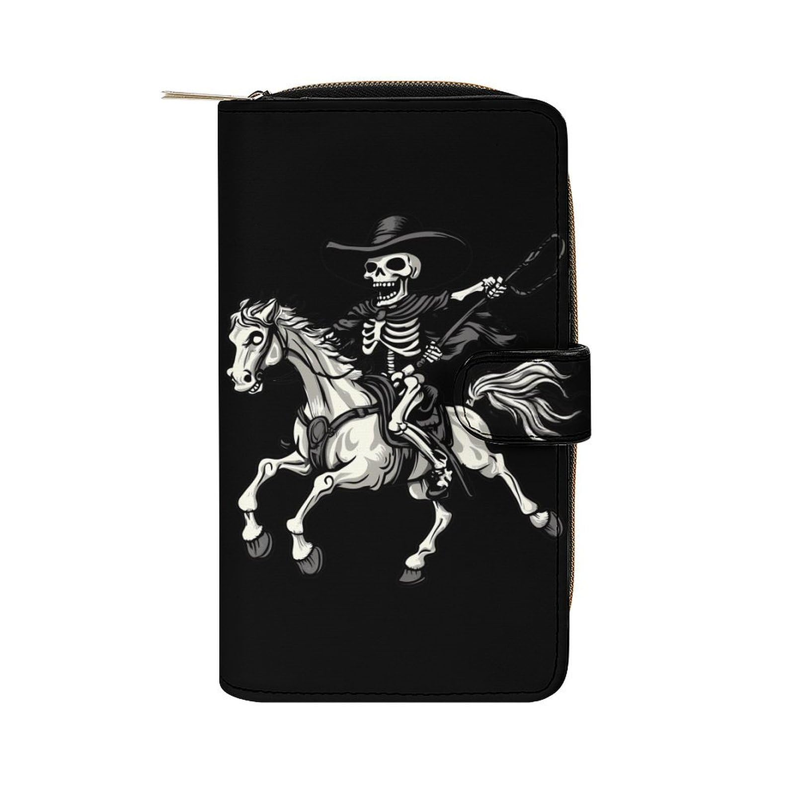 Skeleton Riding Horse Print Long Wallet PU Leather Credit Card Holder Durable Zippered Purse Clutch Wallet