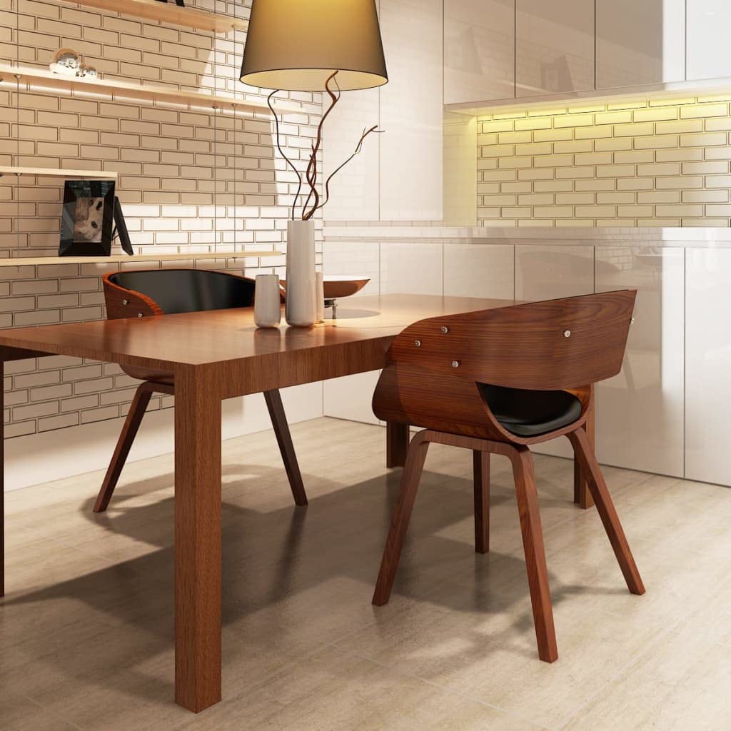 Sillas de comedor 2 piezas de madera curvada marrón y piel sintética, diseño elegante para salón y oficina, cómodo reposabrazos con estructura de madera maciza y funda suave