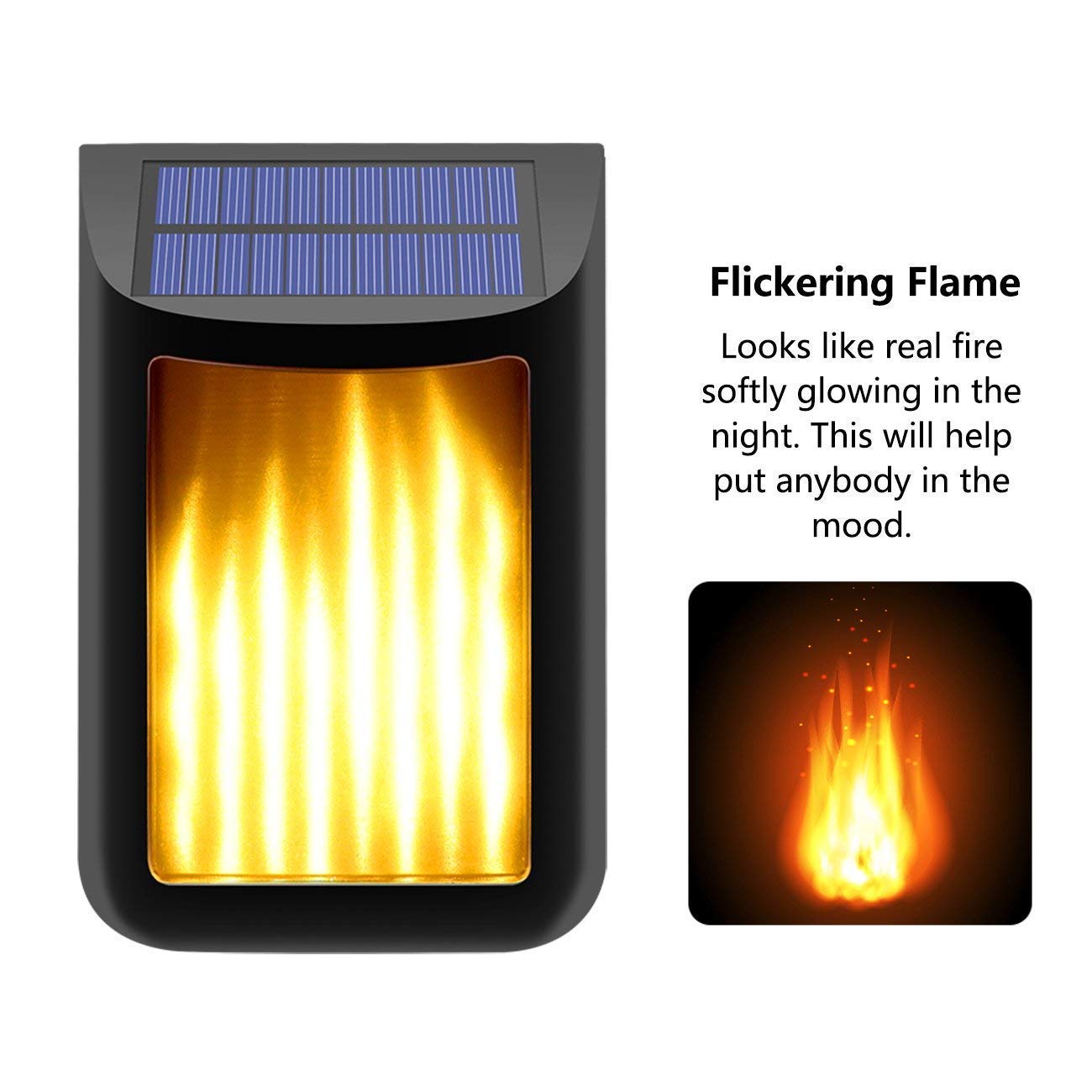Luz de Llama Solar Recargable por USB, Luces solares LED de Baile Intermitentes, lámpara de Pared de jardín con Encendido/Apagado del Atardecer al Amanecer, luz Exterior Impermeable IP65 para