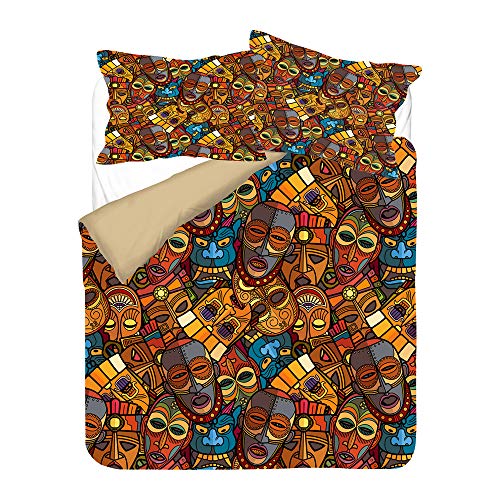 Housse de Couette Style Africain 140x200 - Parure de Lit Masque Africain en Microfibre, Set Housse de Couette 1 Personne Imprimée avec Fermeture Éclair et 1 Taie d'oreiller 65x65 cm Cover