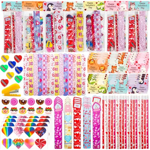 Product Image of the Valentines Day Gifts for Kids - 28 Pack Valentines Stationery Set with Cards, Pencils, Stickers, Erasers, Rulers and Sharpener for Girls Boys Class Exchange, Classroom Prizes and School Party Favors