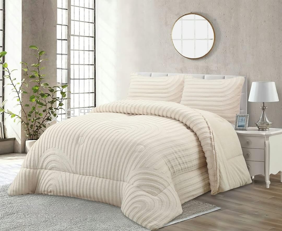 Edredón Borrego Invierno 230x250 cm – Nórdico Efecto Borreguito Extra Suave y Cálido – Edredón Invierno para Cama 135/150 cm – Incluye 2 Fundas de Almohada (Crema, Cama 150)