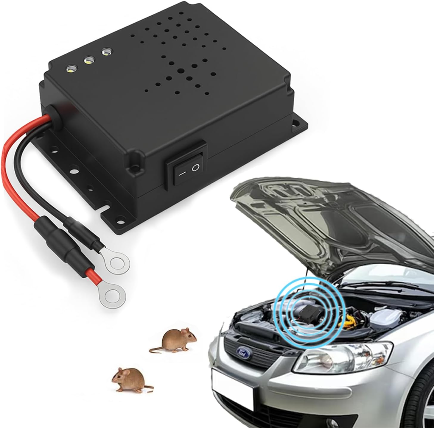 AMERTEER Car Animal Rodent Repellent 12V – Under Hood Ultrasonic Rat & Mouse Deterrent with LED Strobe Light, Engine Bay Wiring Protection Device, Prevent Chewing Wires for Cars, Trucks, RV, SUV