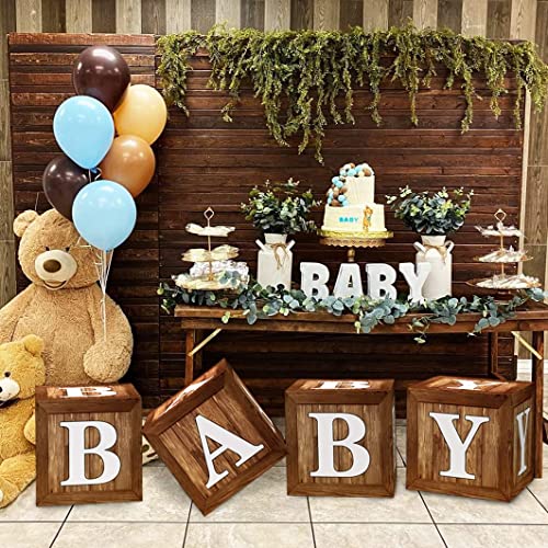 Image of Wood Grain Printing Baby Shower Display Boxes Party Decorations, Neutral Gender Reveal Party Backdrop, Brown Teddy Bear Baby Stacking Blocks Backdrop with Letters for Boy Girl Birthday Party