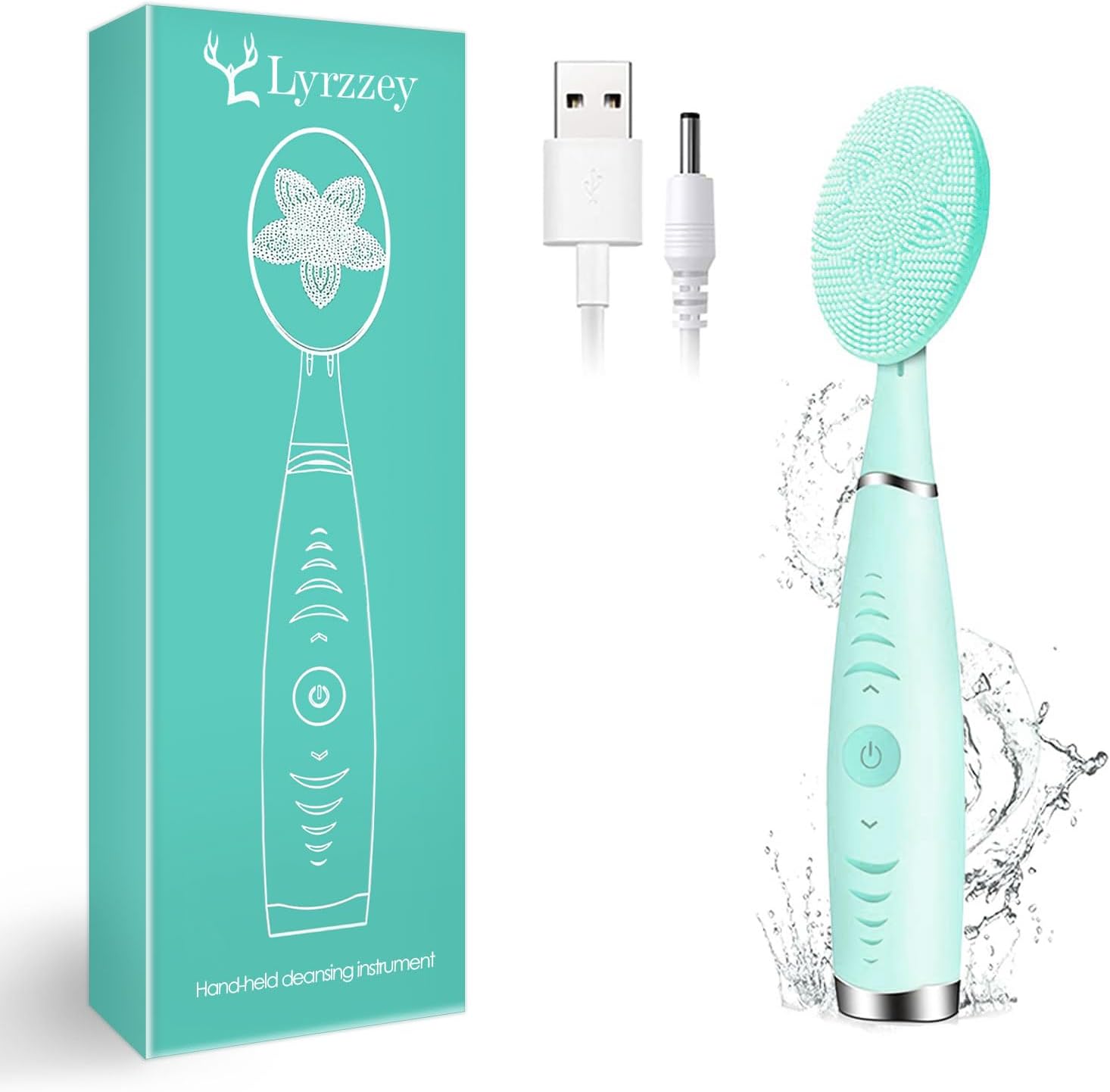 Sonic Facial Cleansing Brush, Lyrzzey Portable Handled Face Cleansing Brush with 5 Adjustable Speeds Vibrating Rechargeable Face Cleansing Brush for Deep Cleaning Gentle Exfoliating Massaging(Blue)