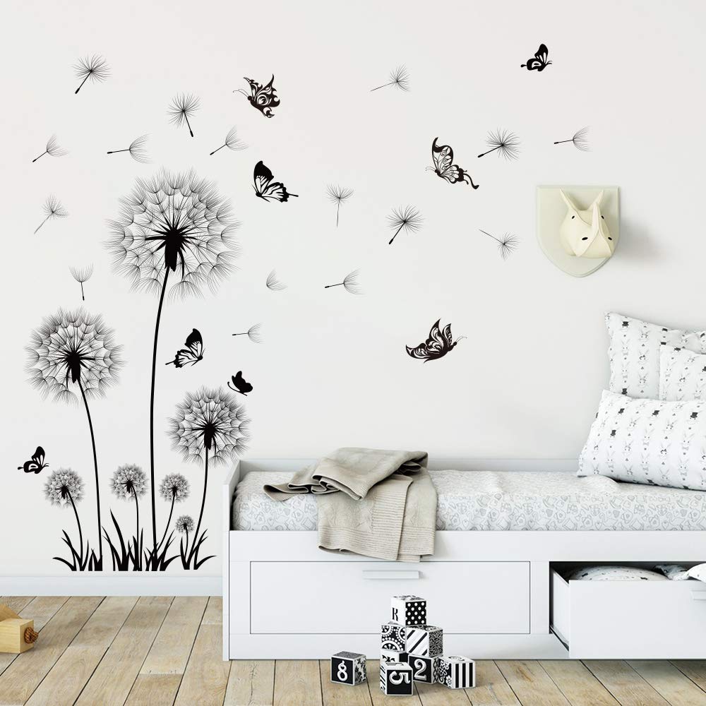 Black Dandelion Wall Decals Flower Butterfly Wall Stickers for Living Room Bedroom Home Decoration Wall Décor