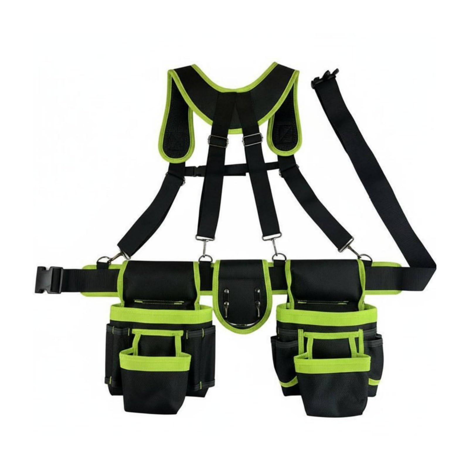 Cinturón de Herramientas con Tirantes Arnés de Electricista Riñonera de Trabajo Bolsa Multiusos para Herramientas Oxford de Alta Resistencia y Uso, Negro+Verde