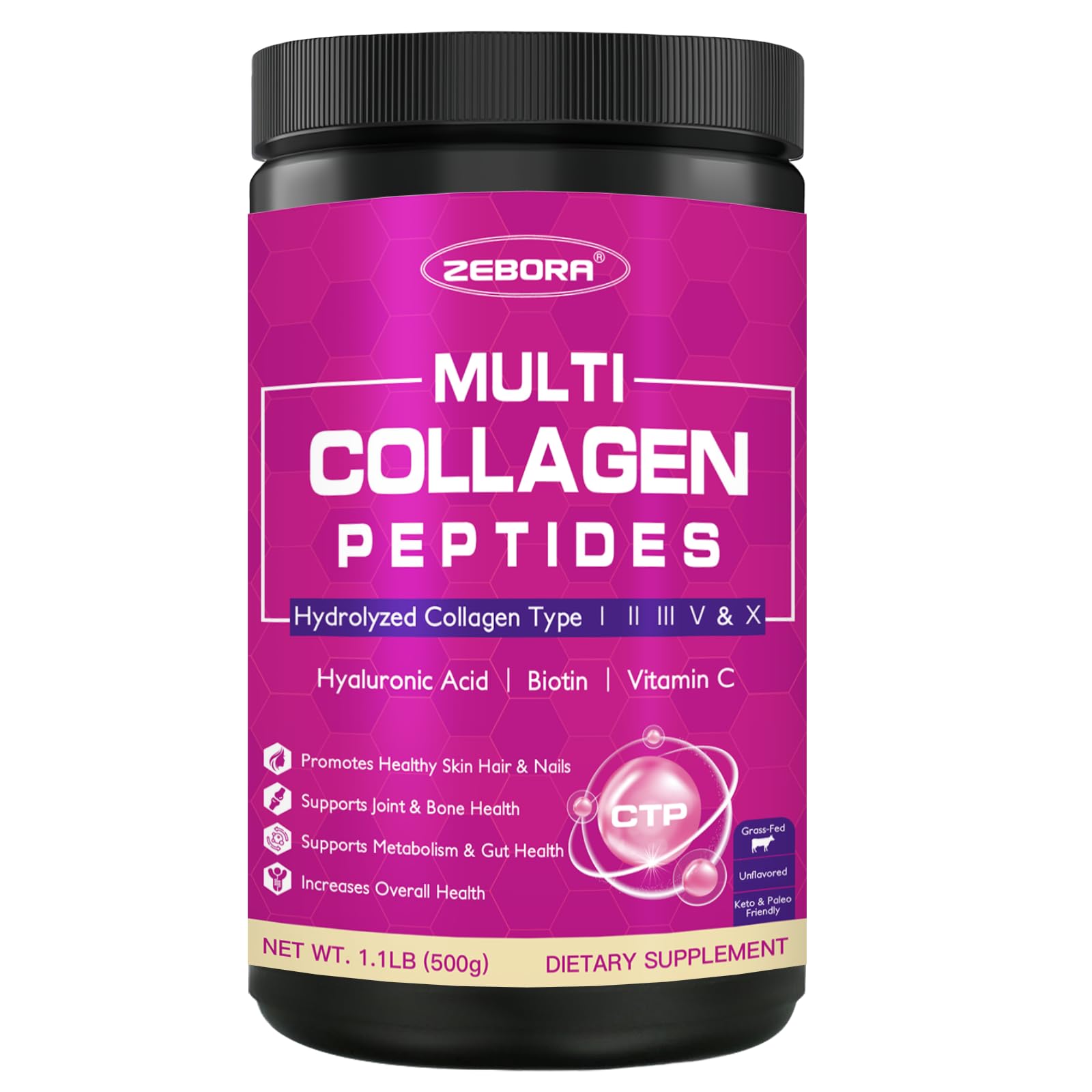 ZEBORA Collagen Peptides Powder 50 Servings - Hydrolyzed Multi Collagen Type I II III V X with Hyaluronic Acid, Biotin, Vitamin C - Support Skin Hair Nail Joints Unflavored, Keto & Paleo Friendly