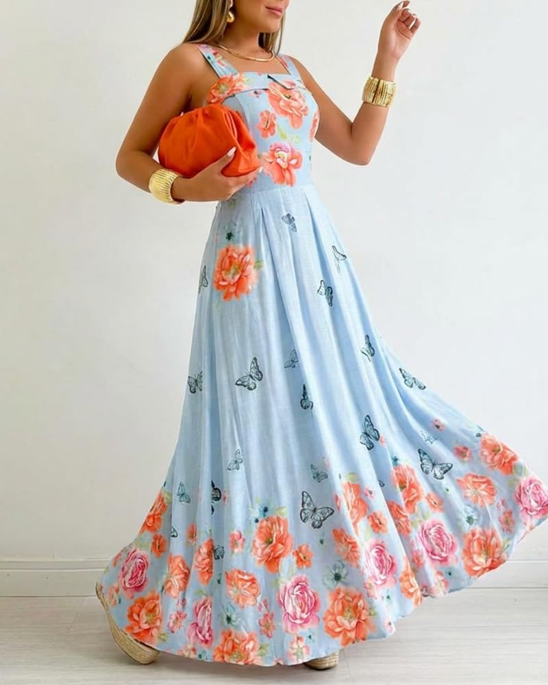 CHICME Women’s Floral Butterfly Print Linen Maxi Dress Quare Neck Strap Shirred Bodice Flowy Boho Summer Beach Dress - Image 5