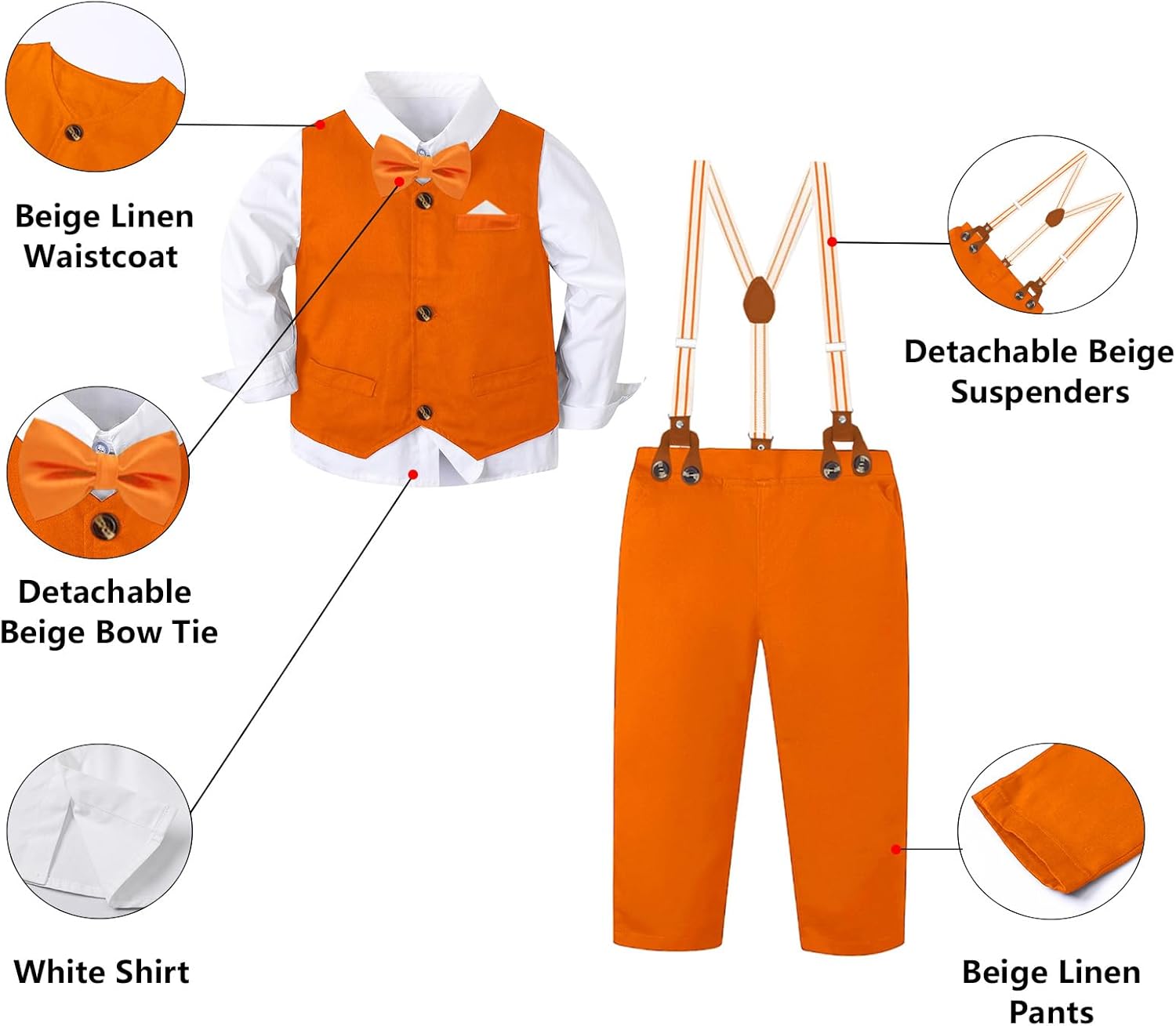 SANGTREE Boys' Formal Suits Sets Gentleman Outfits, Vest + Suspender Pants + Shirt + Bow Tie & Scarf, 3 Months - 14 Years