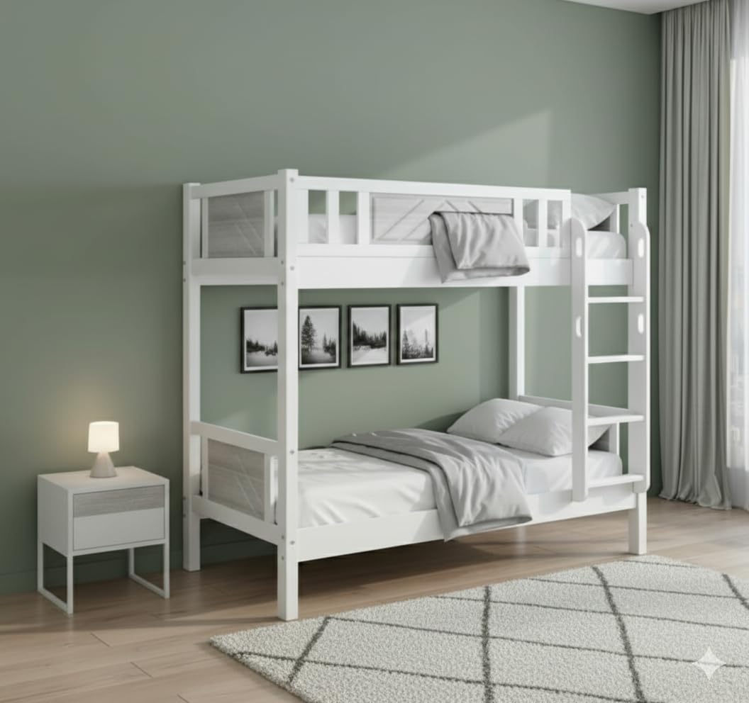 Furniture4US SOLID WOOD BUNK BED With Medicated Mattress (Single-190/90 CM) Color- (White)
