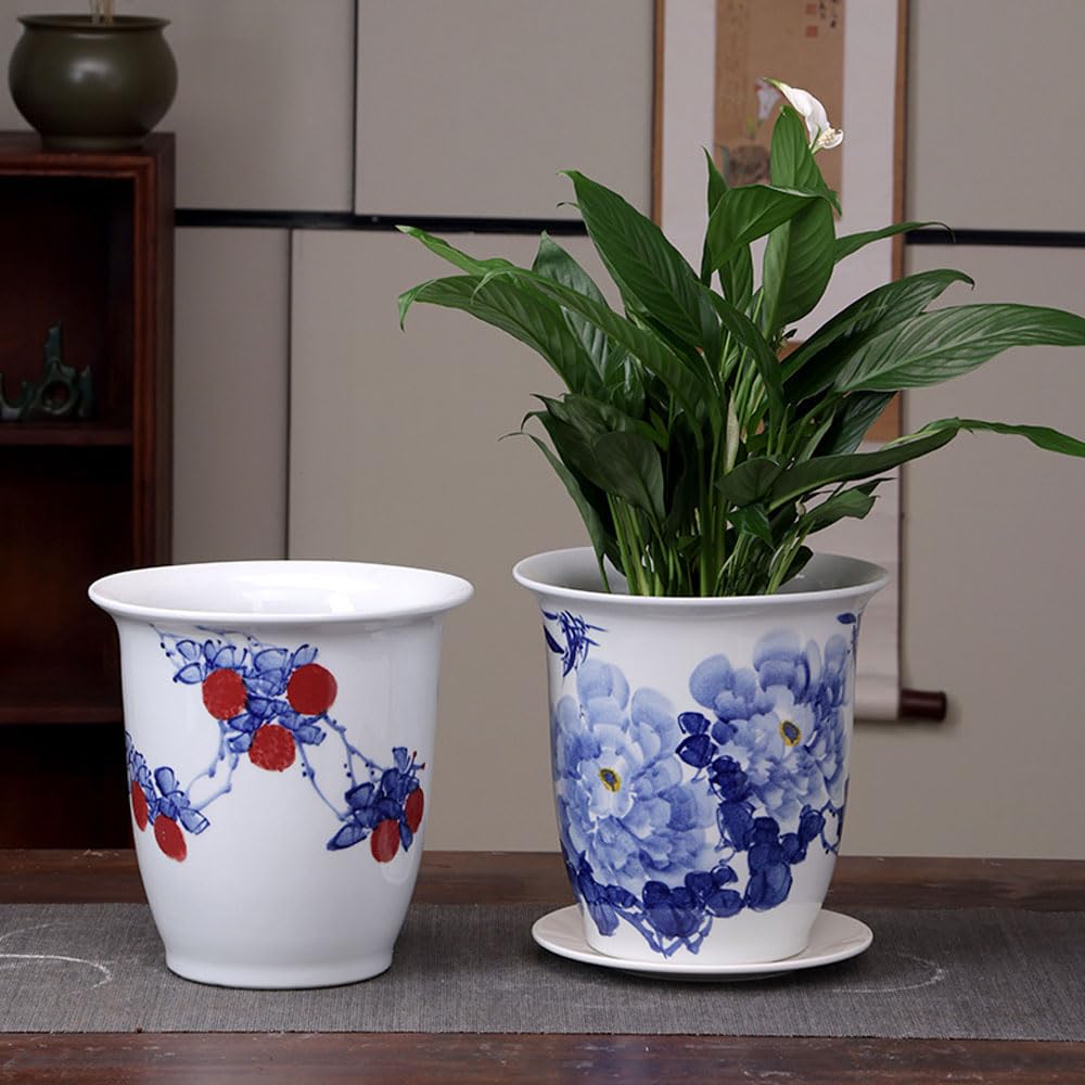 Keramik-Pflanzgefäß, Blaue und weiße Porzellan-Blumentöpfe mit Drainage, chinesischer Bonsai-Topf, Chinoiserie, dekorativer Blumentopf, Tischaufsatz für den Tisch zu Haus(5-blau&weiß