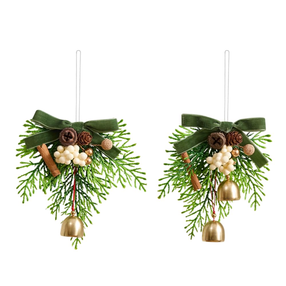 Bow Christmas Jingle Bells Hanger Decorations,2 Pcs Red Christmas Bow with Bells and Cones & Pine Branches for Xmas Party Decoration