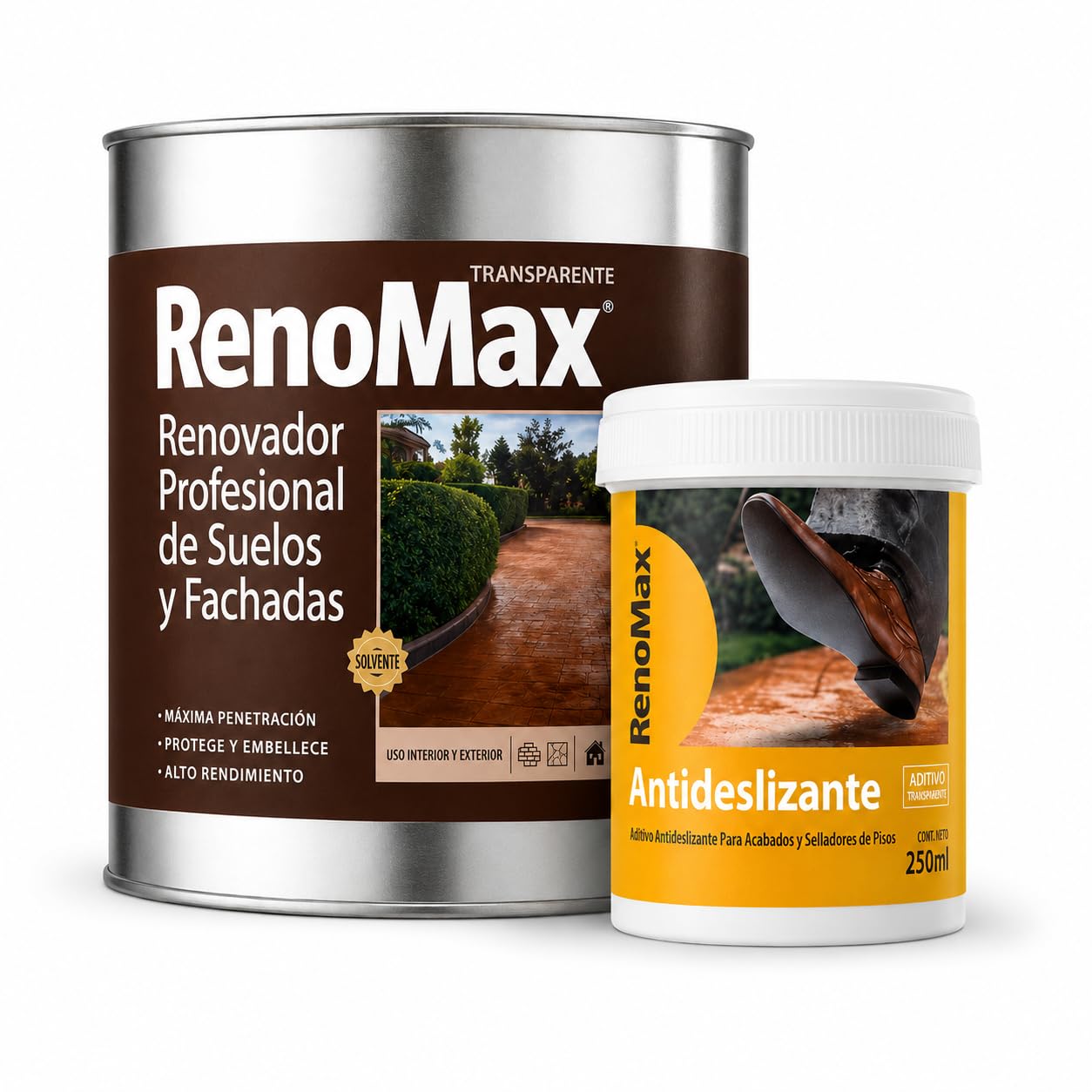 Renomax - Resina Hormigon Impreso y Superficies Porosas Al Disolvente + Aditivo Antideslizante en Polvo | Repara y Protege Suelos y Fachadas | Fácil de Aplicar, Garantía 5 Años, Certificado C3, 20m