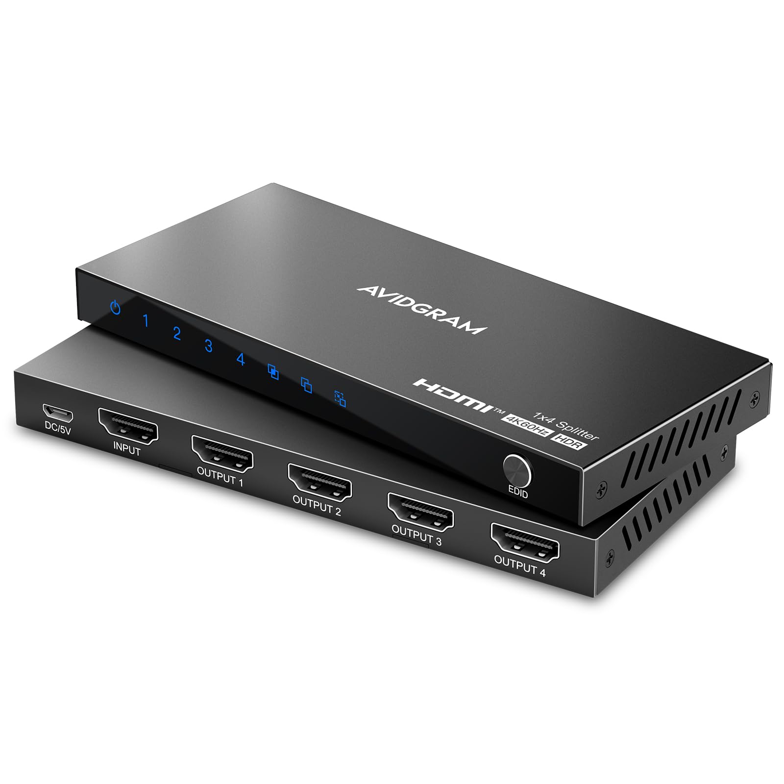 HDMI Splitter 1 in 4 Out 4K 60Hz 4:4:4, AVIDGRAM HDMI 4 Port Splitter with Copy, Downscaler, and Auto Mode for Four Identical Display Support 1080p 120Hz HDCP 2.2 HDR10 18Gbps 3D (Mirror Only)