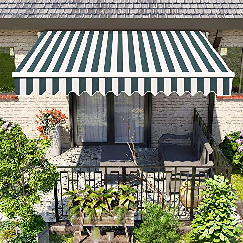 Greenbay Manual Awning Canopy | Green-White 3x2.5M Retractable Outdoor Patio Garden Sun Shade Shelter Complete with Fittings and Winder Handle