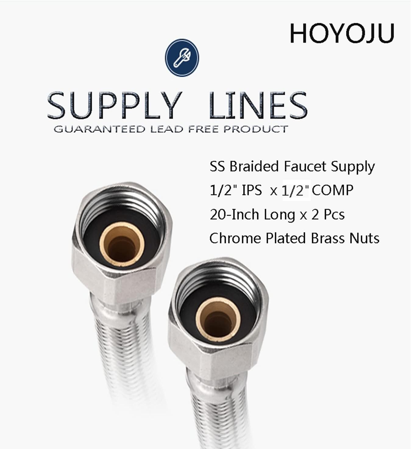 Toilet Braided SUS304 Stainless Steel Water Supply Lines Bathroom Faucet Tubes Connector 1/2"-14NPSM Brass Nut to 1/2" Female Fitting, Faucet Hose for Sink Lead-Free 20-Inch Long x 2 Pack