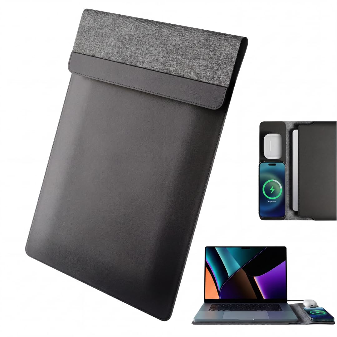 Housse pour ordinateur portable avec chargement sans fil | Housse multifonctionnelle 4-en-1 en cuir, tapis de souris et tapis de bureau | Charge rapide pour téléphones et écouteurs | Protection