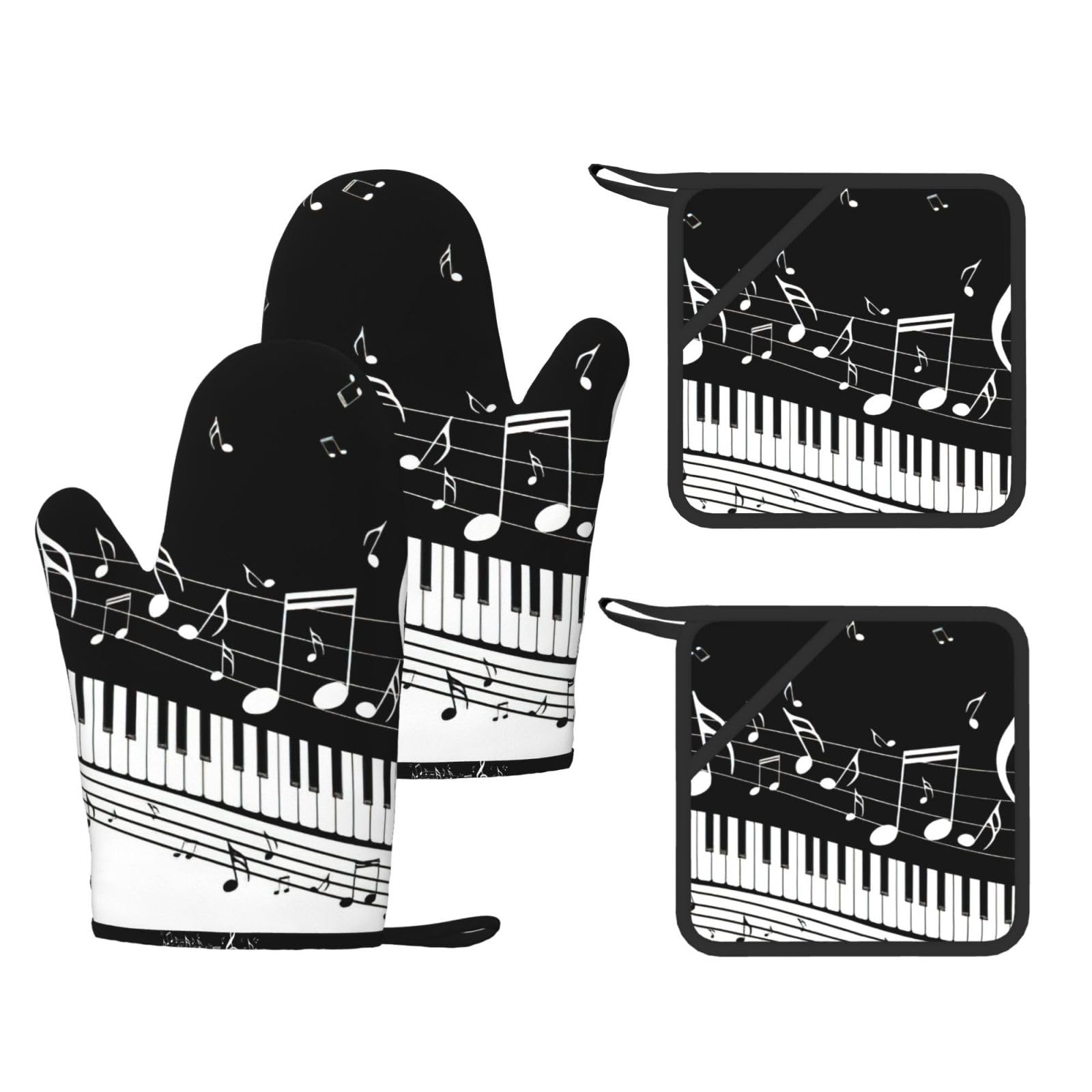 Black White Music Note Print Oven Mitts And Pot Holders Pads Set, Oven Glove High Heat Resistant 500 Degree For Kitchen