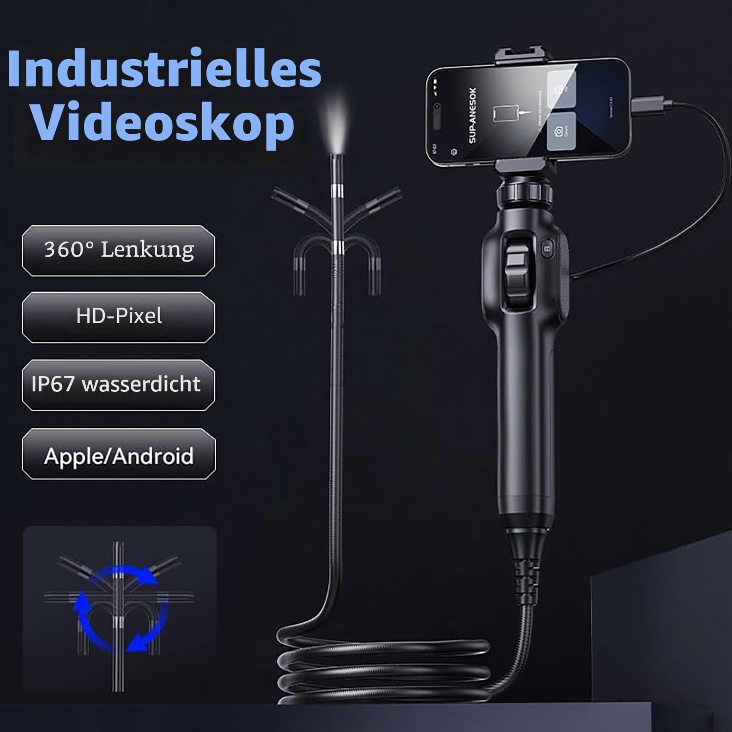 AOPICK Endoskopkamera mit Licth, AOPICK 360°1080P HD Drehbar Inspektionskamera IP67 Wasserdichtes Rohrkamera Kanal Endoskop Kamera mit 8LEDs (1M)