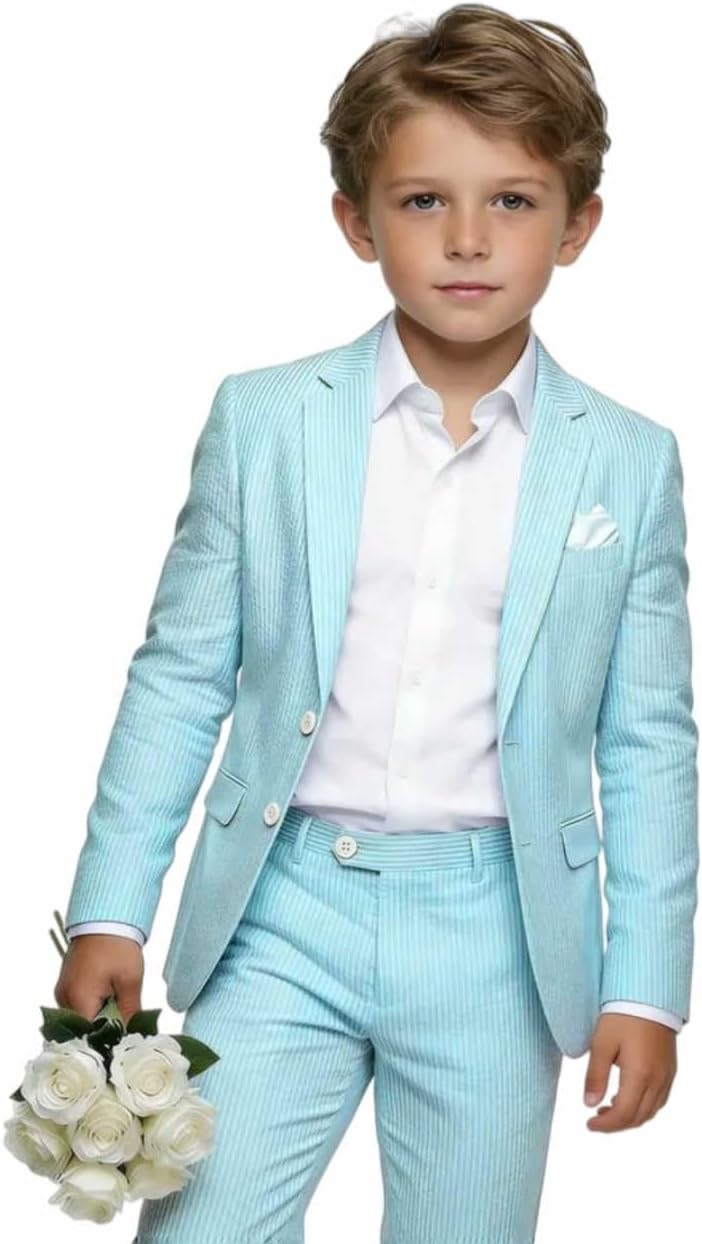 Kids Seersucker Suit Lightweight Striped Formal Homecoming Wedding Ring Bearer Outfits 2 Piece Suits for Boys