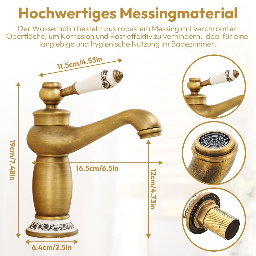 Rubinetto retrò in bronzo, rubinetto da bagno alto, miscelatore monocomando per bagno, miscelatore in ottone antico, miscelatore per lavandino per bagno e rubinetto per lavandino con acqua calda e