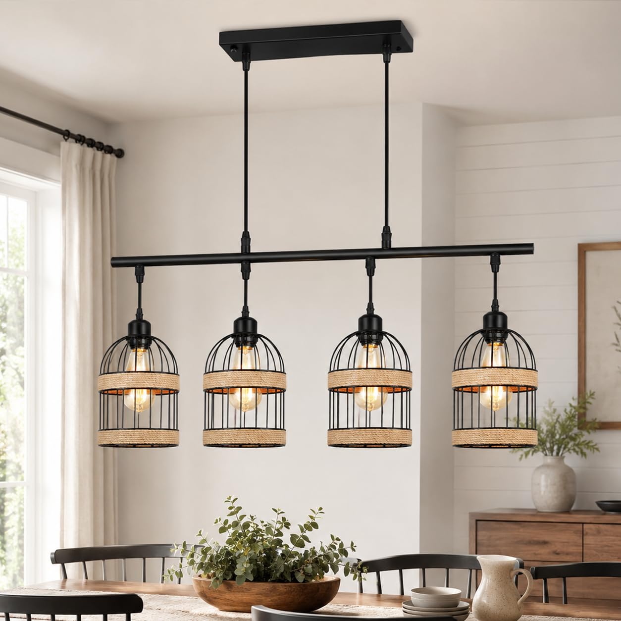 Pendelleuchte Esstisch Rattan Hängelampe 4-Flammig inkl. LED, Vintage Hängeleuchte Schwarz Höhenverstellbar für Esszimmer Kücheninsel Wohnzimmer, Boho Esstischlampe Kronleuchter E27