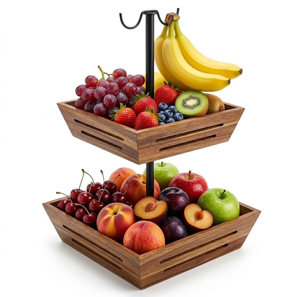 G.a HOMEFAVOR Fruit Basket 2 Tier Acacia Wood Fruit Bowl with Banana Hanger Vegetables Storage Rack Kitchen Countertop Organizer for Holding Snacks
