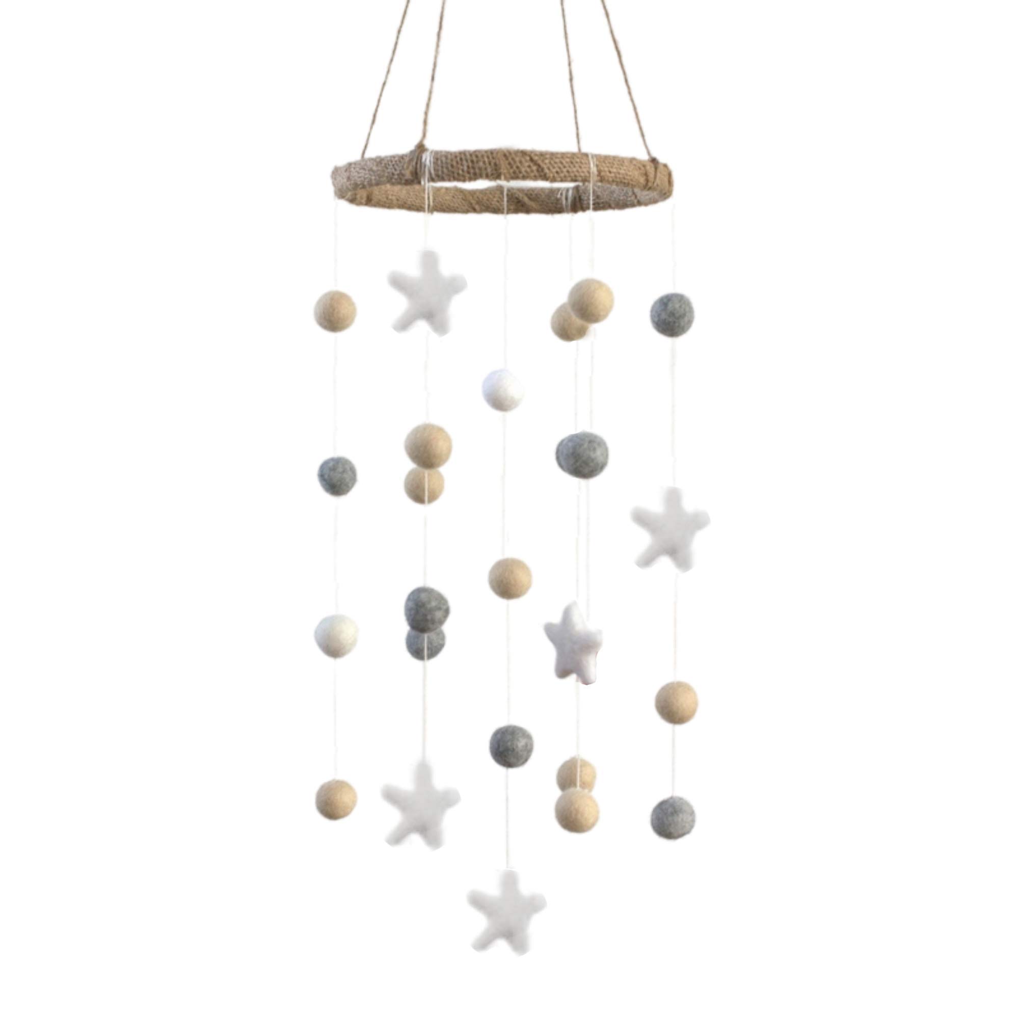 Felt Ball & Star Nursery Ceiling Mobile- Almond, Gray & White- Neutral Children's Room Ceiling Decor- Nursery Boy Girl Baby Shower Gift- Handmade - 100% Wool Felt Shapes