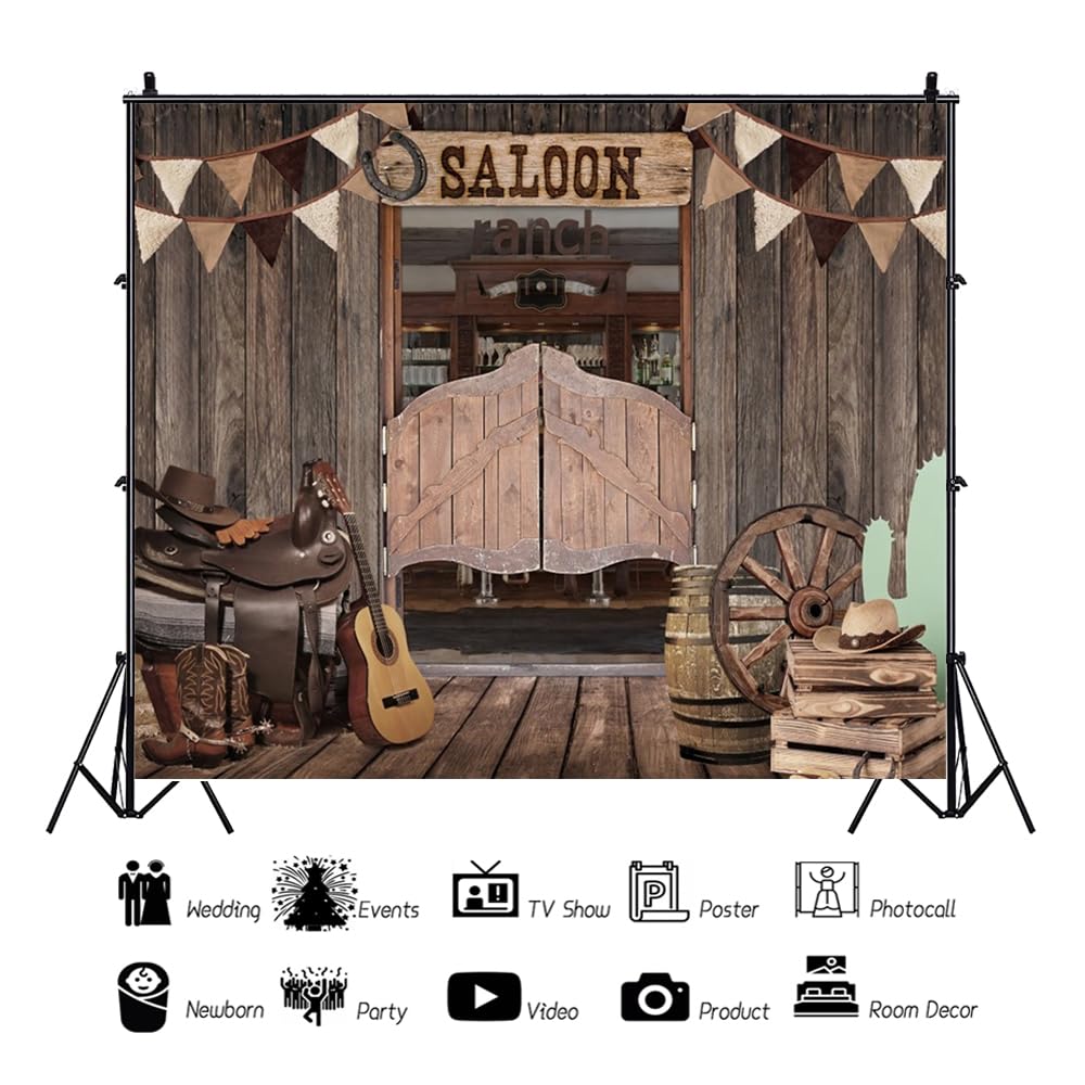 Western Saloon Fondale 3 x 2,4 m Western Wood Barn Door Sfondo per fotografia Western Wild West Cowboy Rodeo Decorazioni per feste a tema Studio Photo Booth Puntelli