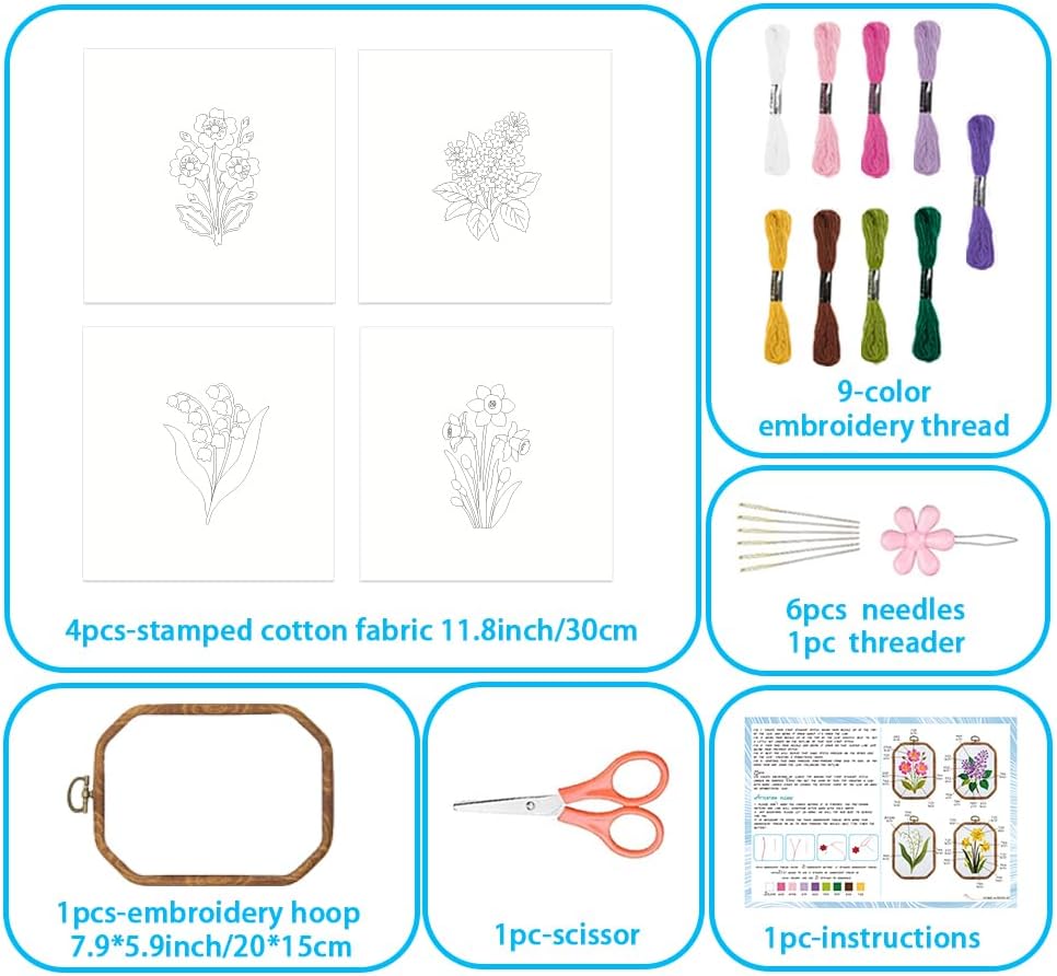 ACRNIGHEET 4PCS Embroidery Practice Kit, Mini Embroidery Kit for Beginners Adults, Stamped Cross Stitch Kits with Stamped Pattern Fabric and Instruction, Creative Gifts, Bellflower Narcissus
