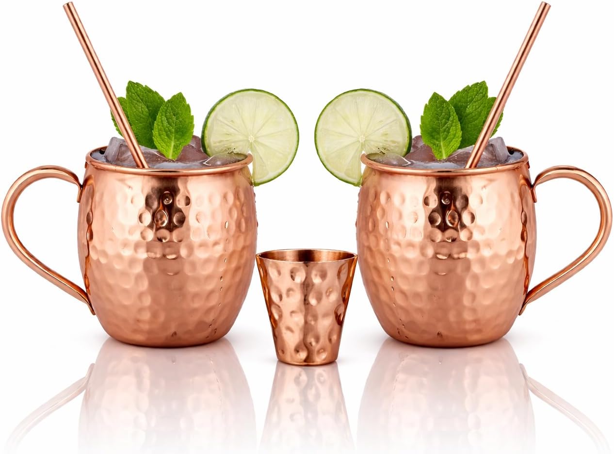 BOLD & DIVINE Moscow Mule Copper Mugs - Set of 2, 100% HANDCRAFTED - Food Safe Pure Copper Solid Mugs - 16 oz Gift Set with Premium Quality Cocktail Straws & Shot Glass!