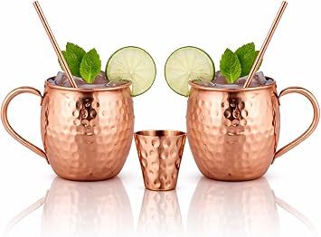 BOLD & DIVINE Moscow Mule Copper Mugs - Set of 2, 100% HANDCRAFTED - Food Safe Pure Copper Solid Mugs - 16 oz Gift Set with Premium Quality Cocktail Straws & Shot Glass!