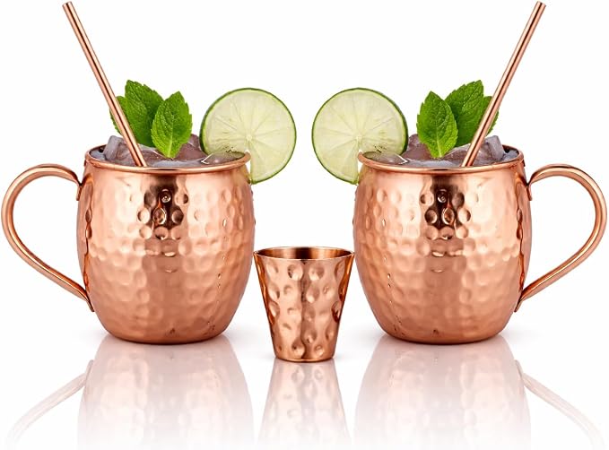 BOLD & DIVINE Moscow Mule Copper Mugs - Set of 2, 100% HANDCRAFTED - Food Safe Pure Copper Solid Mugs - 16 oz Gift Set with Premium Quality Cocktail Straws & Shot Glass!