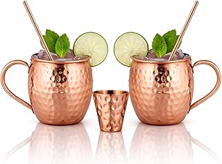 BOLD & DIVINE Moscow Mule Copper Mugs - Set of 2, 100% HANDCRAFTED - Food Safe Pure Copper Solid Mugs - 16 oz Gift Set with Premium Quality Cocktail Straws & Shot Glass!
