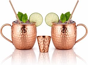 BOLD & DIVINE Genuine Moscow Mule Copper Mugs | Set of 2 100% Solid Copper Mugs with 2 Straws, 1 Shot Glass (16 oz)