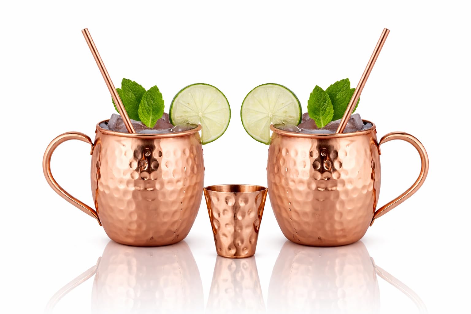 Moscow Mule Copper Mugs - Set of 2, 100% HANDCRAFTED - Food Safe Pure Copper Solid Mugs - 16 oz Gift Set with Premium Quality Cocktail Straws & Shot Glass!