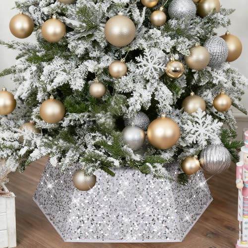 Shyllin Collare Albero di Natale, Gonna per Albero di Natale con Paillettes, Copri Base l'albero di Natal e, Copertura Base Alberi di Natalizie Decorazioni Christmas Tree Collar (Argento 6)