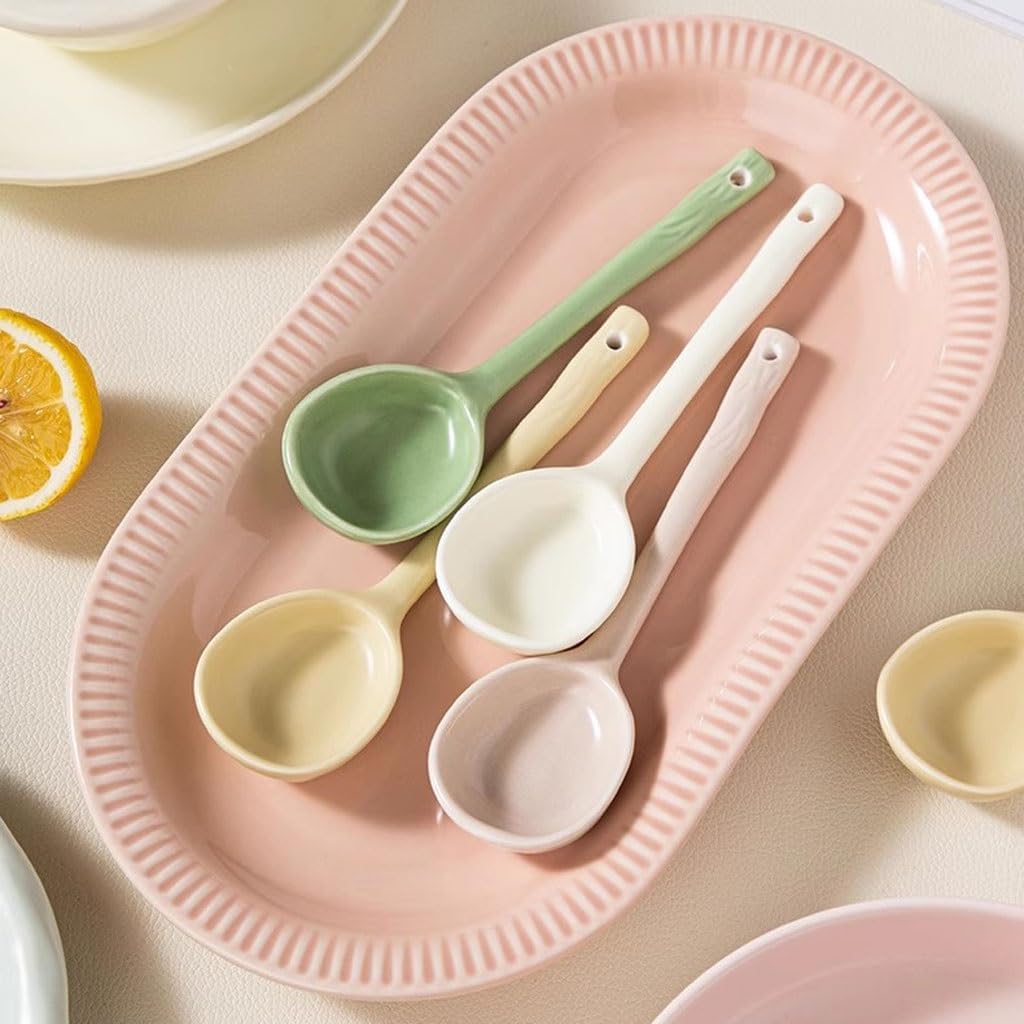 Spoons,soup spoons,Spoons for Cooking Kitchen Irregular Shape Ceramic Spoon Household Long-handled Rice Spoon Restaurant Kitchen Spoon Dinner Spoon Teaspoons(Color:A)(Pink)