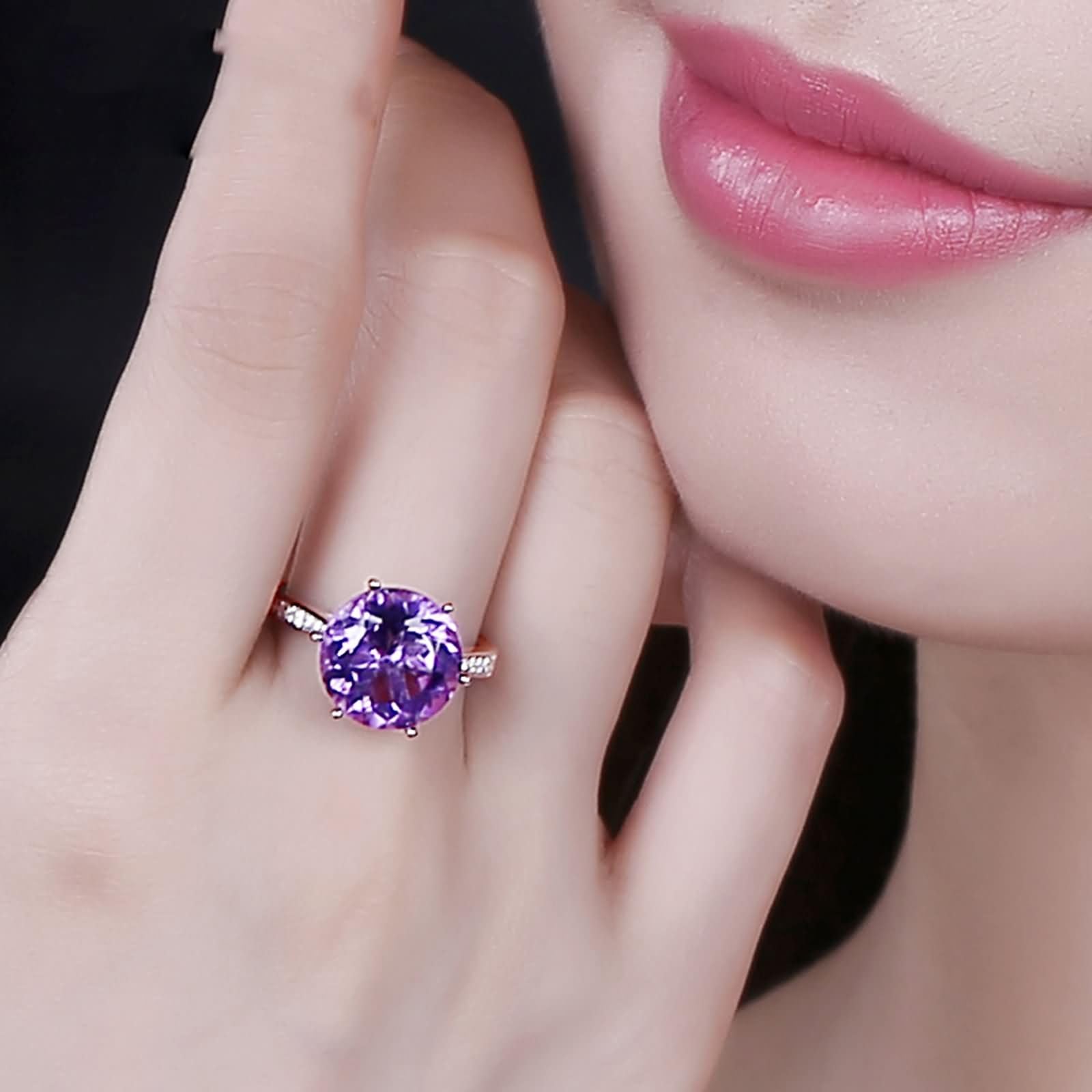 Damski pierścionek małżeński 9K żółte złoto / 14K / 18K 6 okrągłych pazurów z ametystem i diamentem, pierścionki dla kobiet fioletowe złoto
